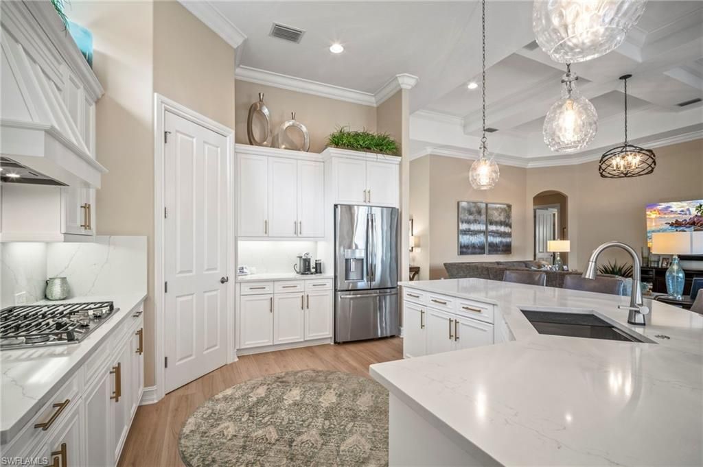 Interior, Kitchen, Pendant Lights, Recessed Lighting, Stainless Steel Appliances, Wood Texture Flooring