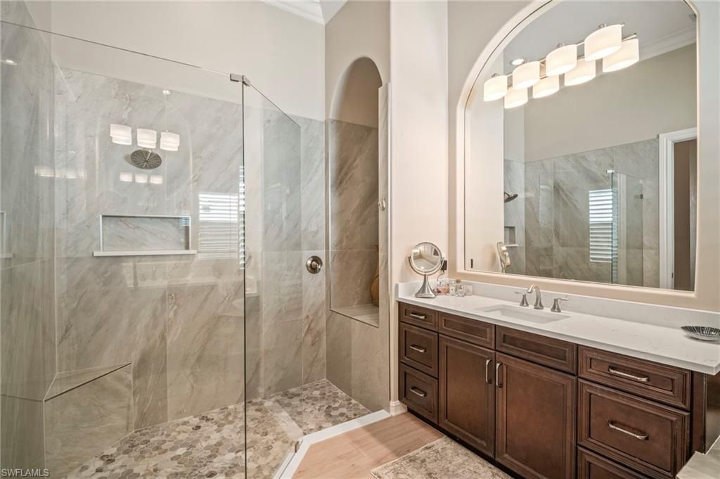 Bathroom, Glass Shower, Interior, Marble Walls, Wood Texture Flooring