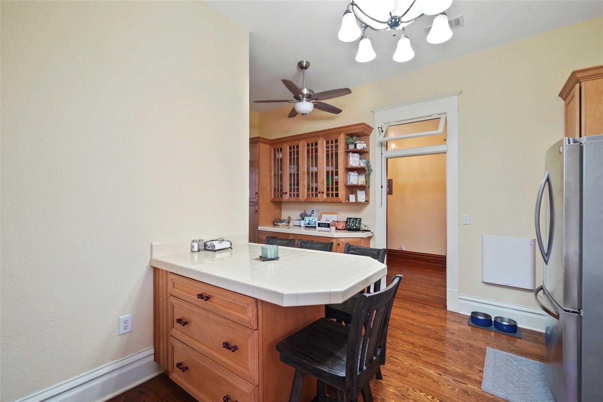 Interior, Kitchen, Tile Countertops, Wood Texture Flooring