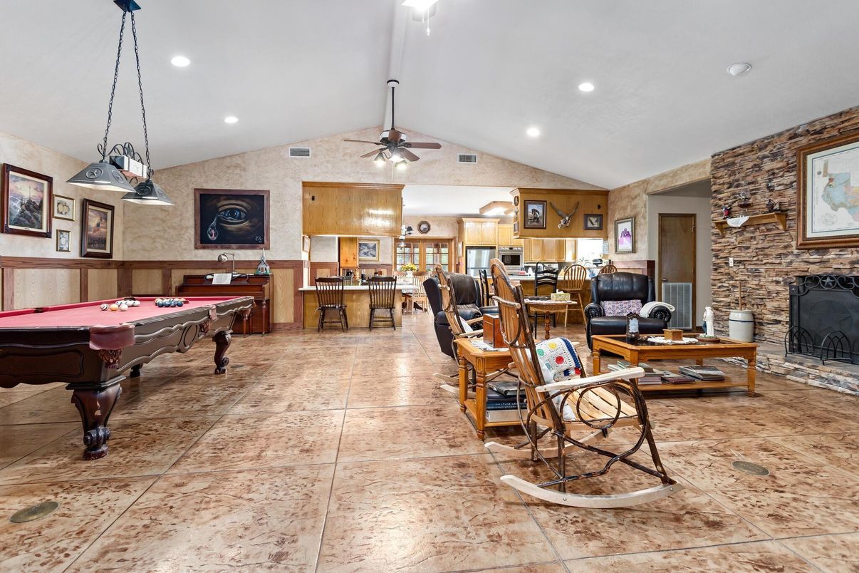 Billiard Table, Fireplace, Game Room, Interior, Pendant Lights, Recessed Lighting, Stone Walls