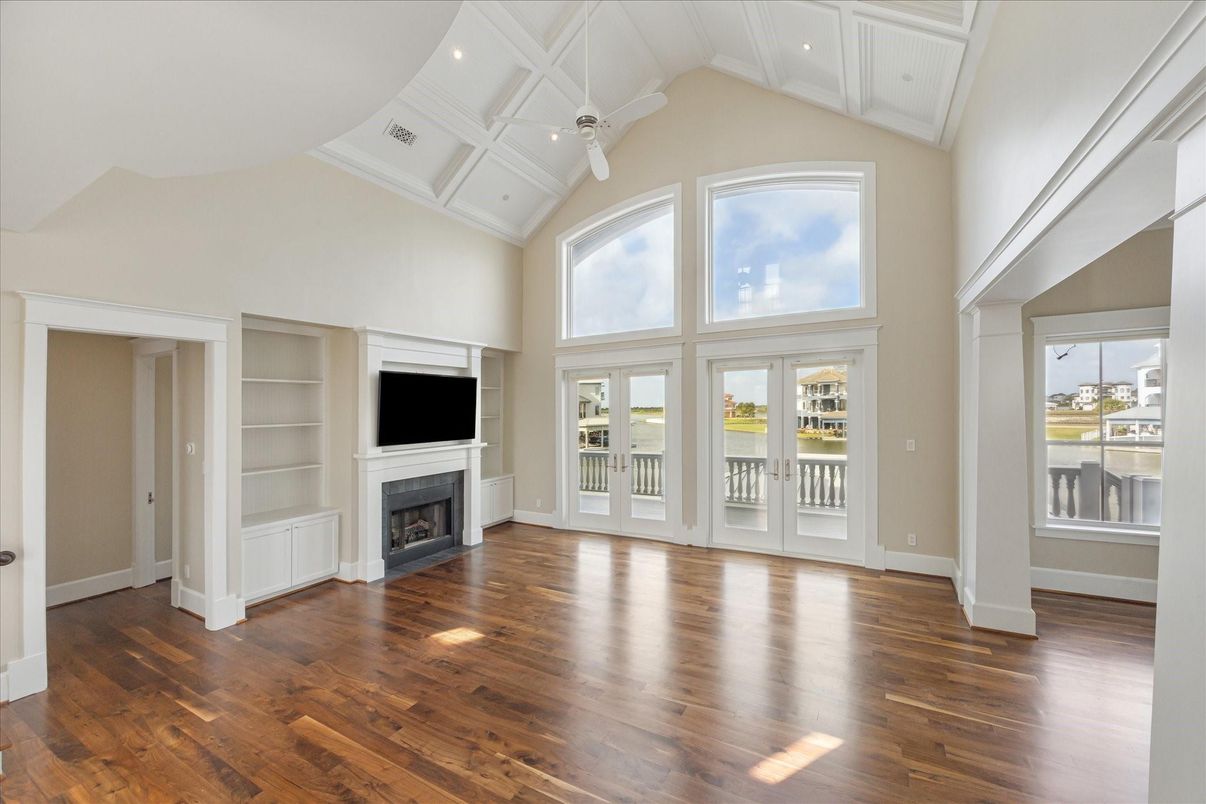 Empty room, Fireplace, Interior, Recessed Lighting, Wood Texture Flooring
