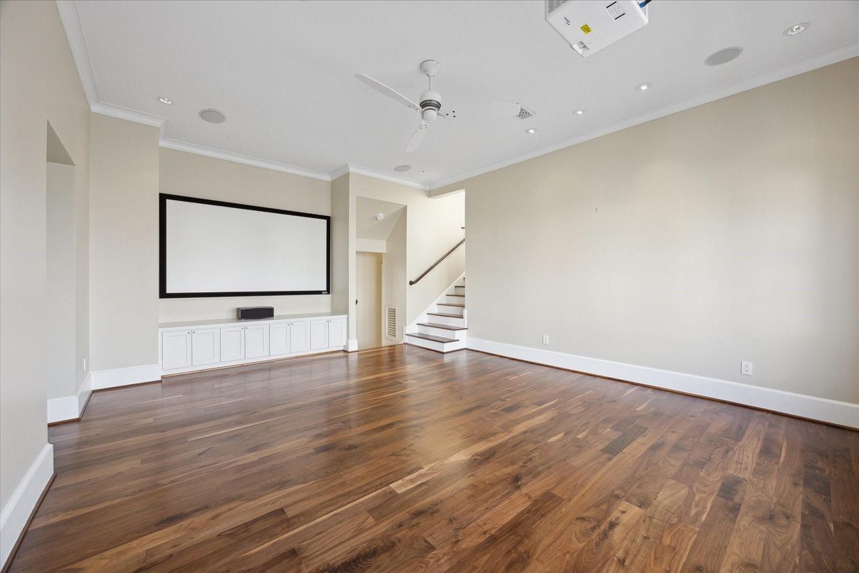 Empty room, Interior, Projection Screen, Recessed Lighting, Wood Texture Flooring