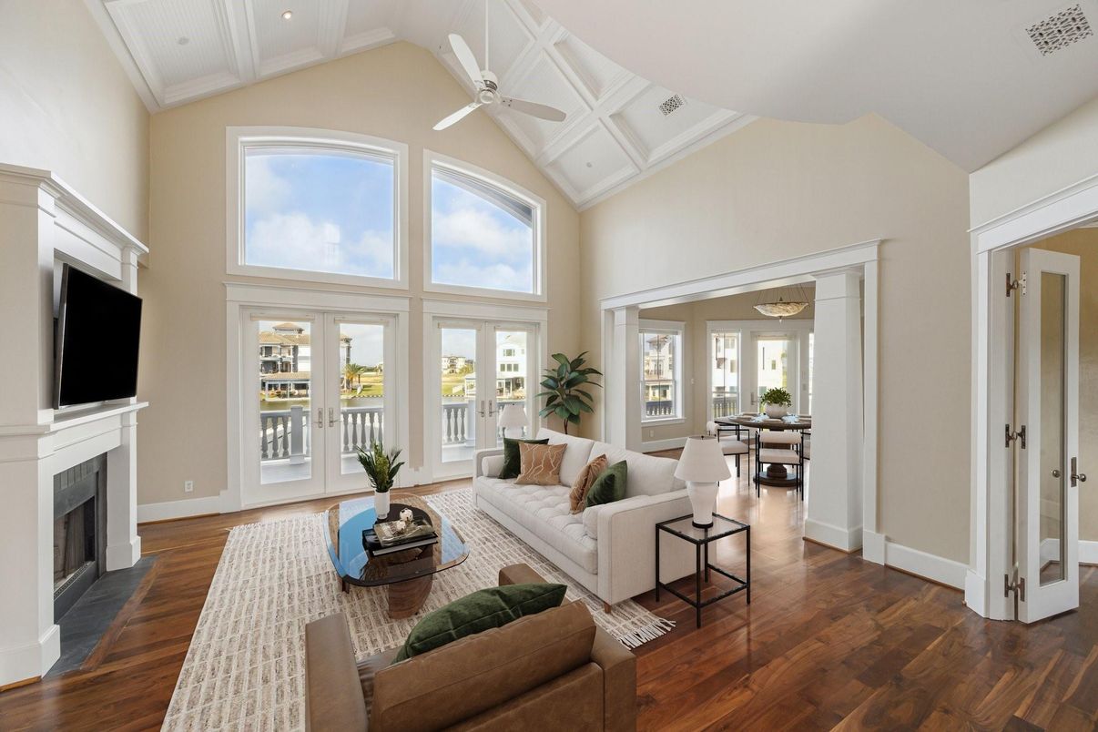 Dining room, Fireplace, Interior, Living room, Recessed Lighting, Wood Texture Flooring