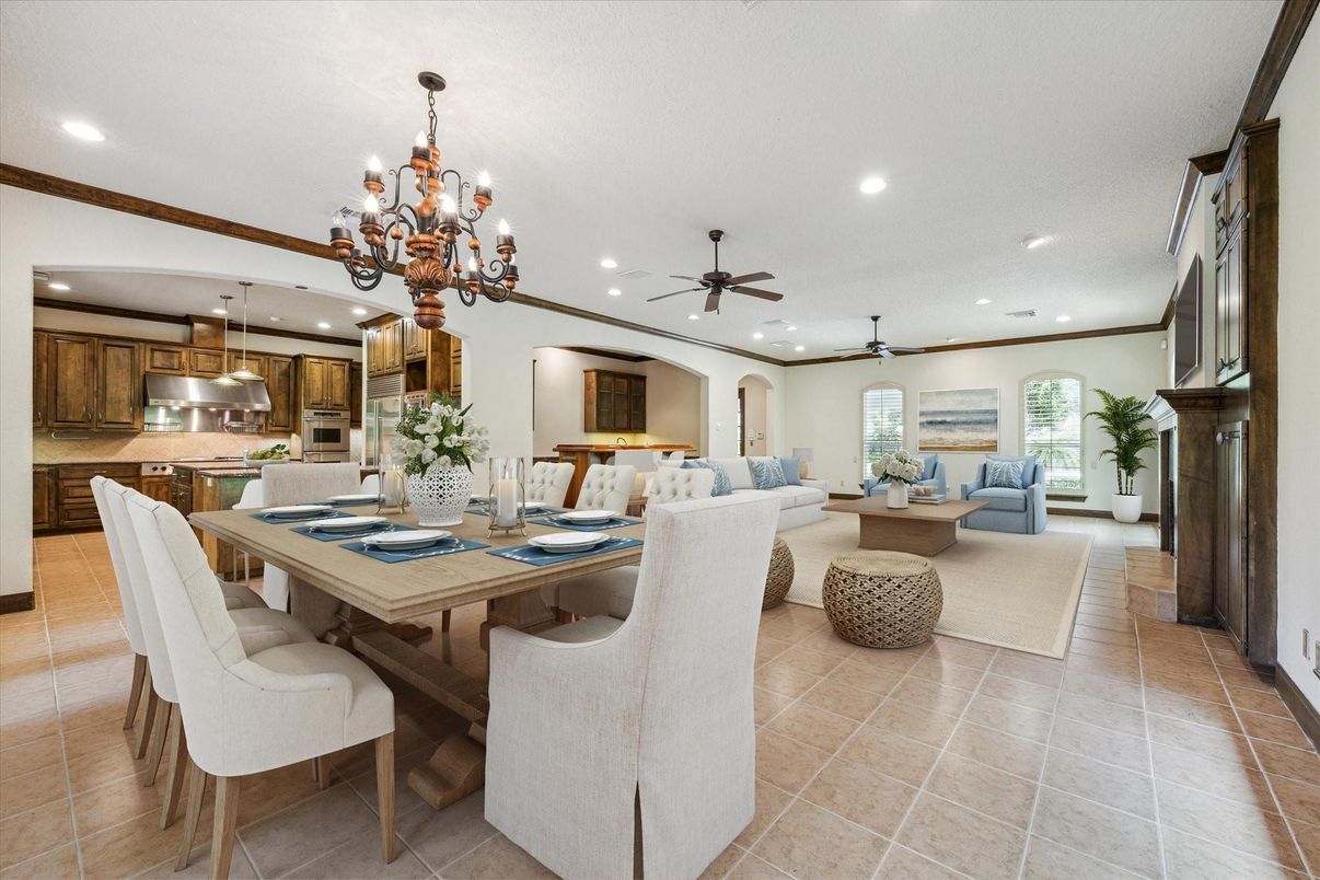 Chandelier, Dining room, Fireplace, Interior, Kitchen, Living room, Recessed Lighting, Stainless Steel Appliances