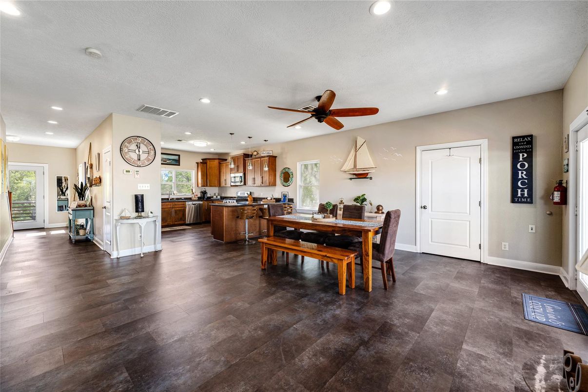 Dining room, Interior, Kitchen, Recessed Lighting, Wood Texture Flooring