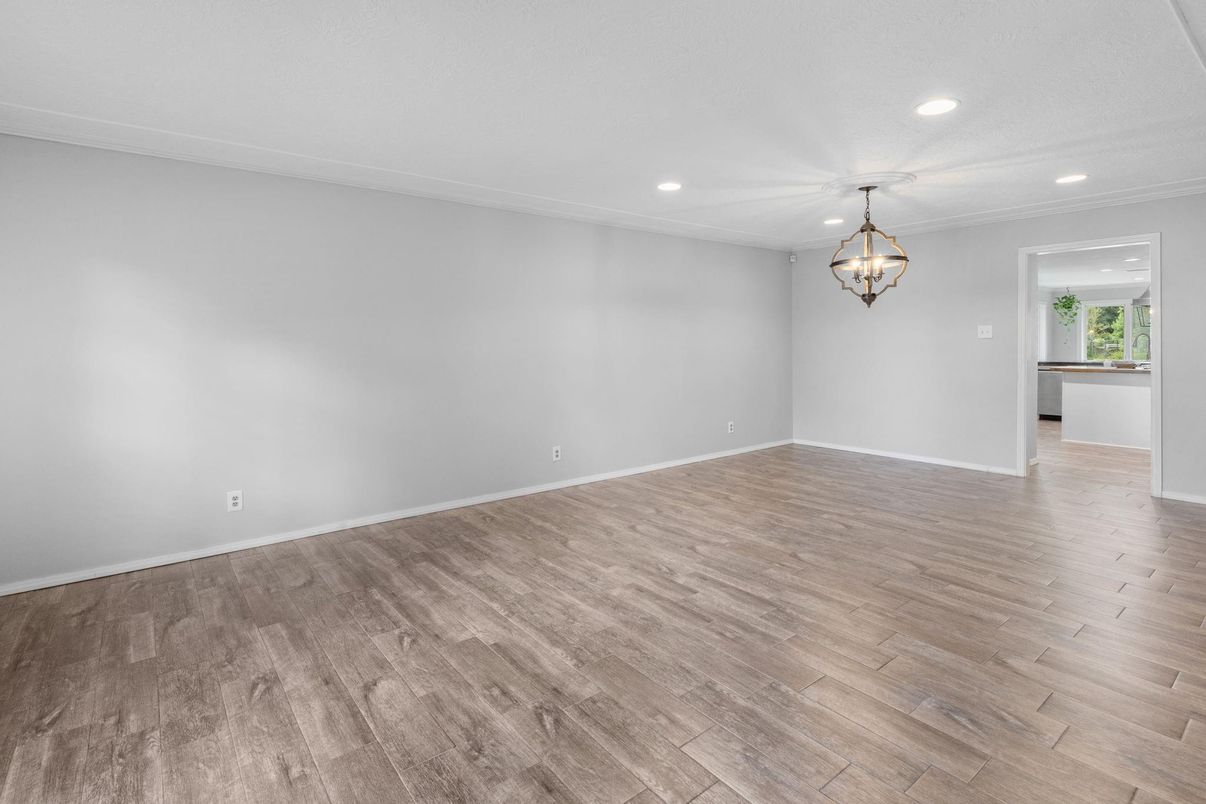 Chandelier, Empty room, Interior, Recessed Lighting, Wood Texture Flooring