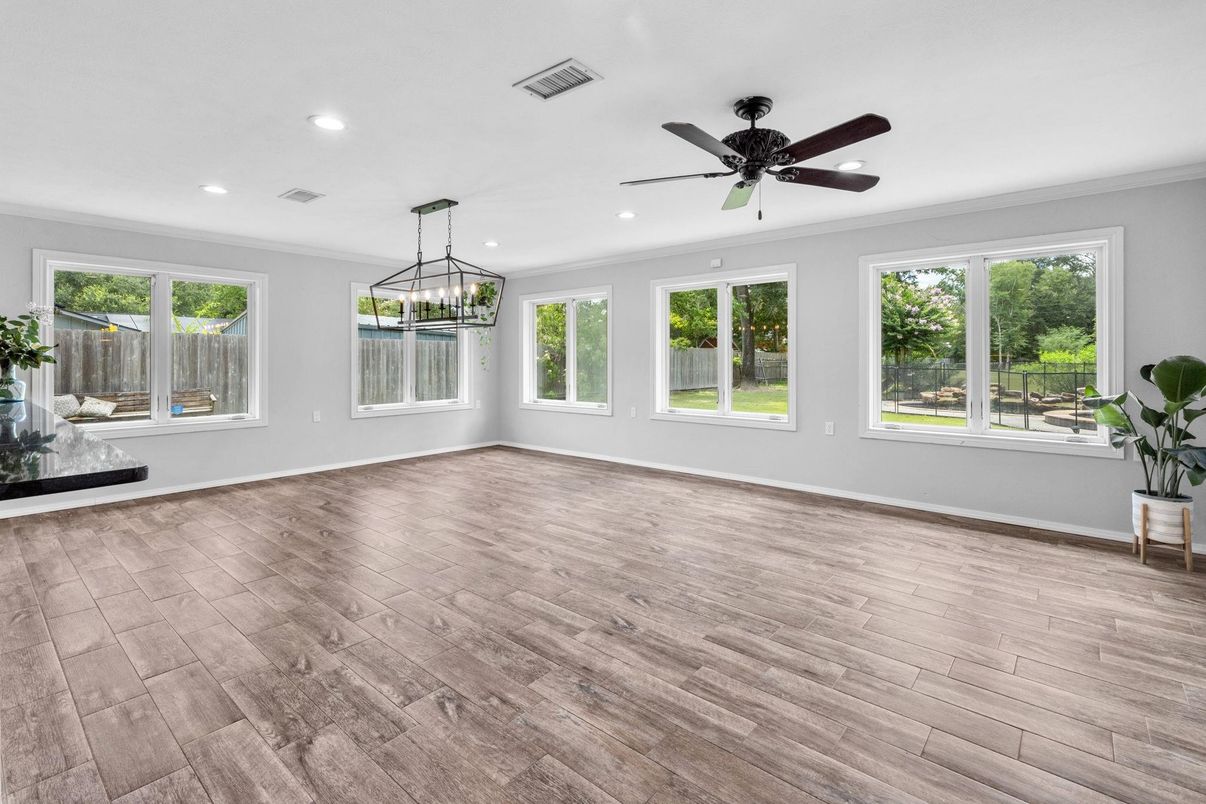 Empty room, Interior, Pendant Lights, Recessed Lighting, Wood Texture Flooring