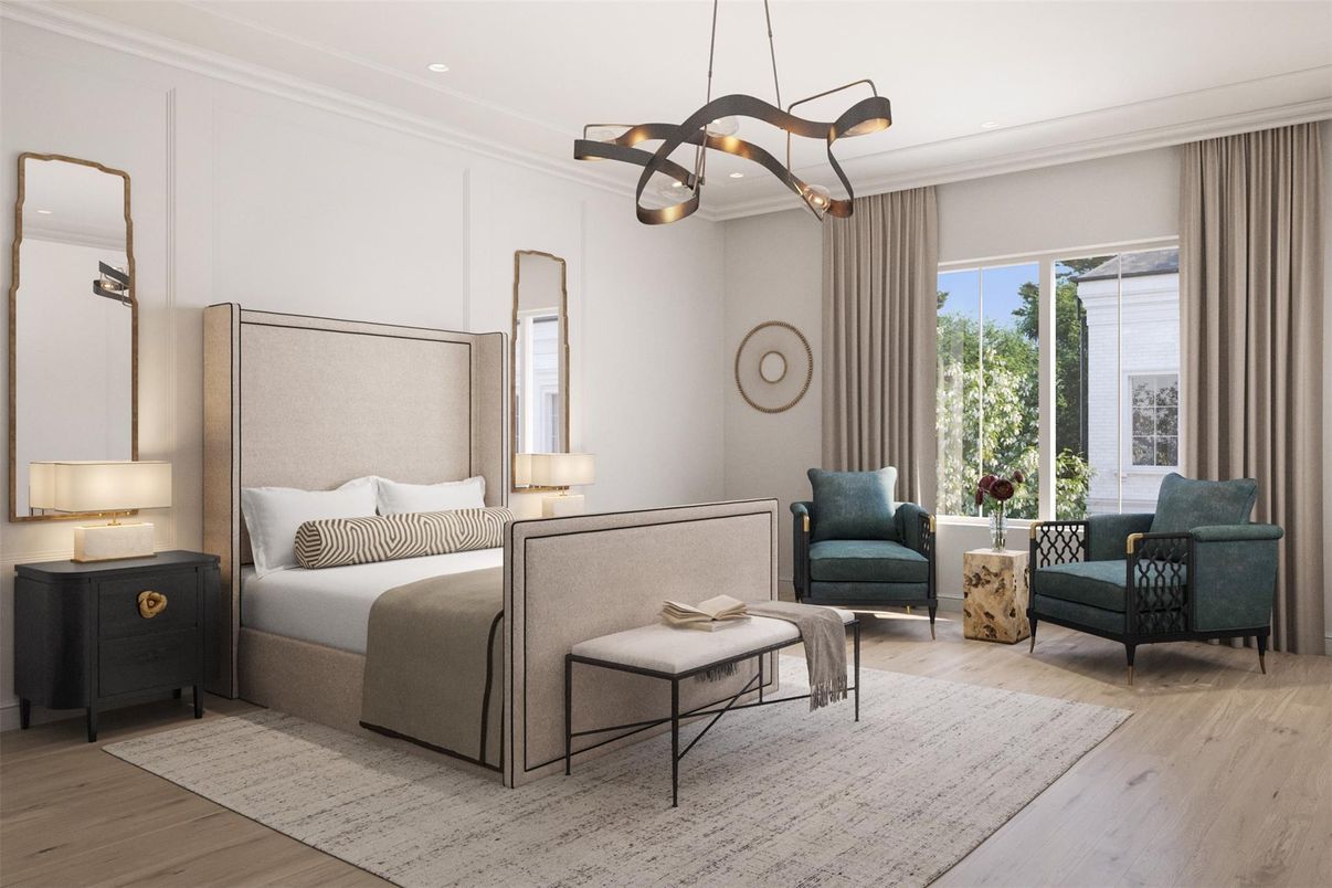 Bedroom, Interior, Pendant Lights, Recessed Lighting, Wood Texture Flooring