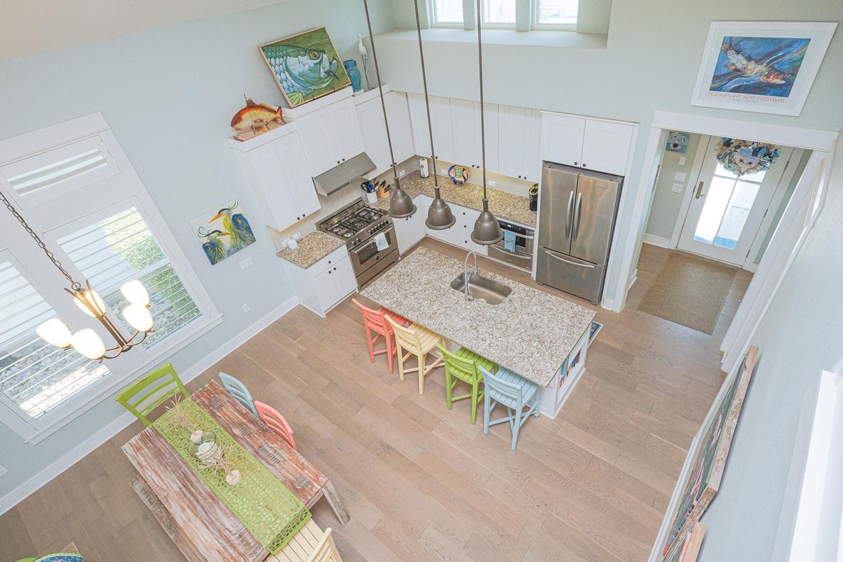 Dining room, Interior, Kitchen, Pendant Lights, Stainless Steel Appliances, Wood Texture Flooring