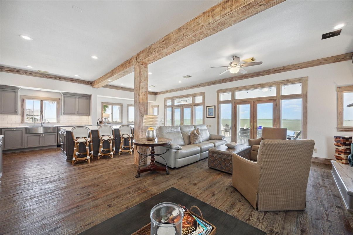 Interior, Living room, Recessed Lighting, Water, Wooden Beams, Wood Texture Flooring