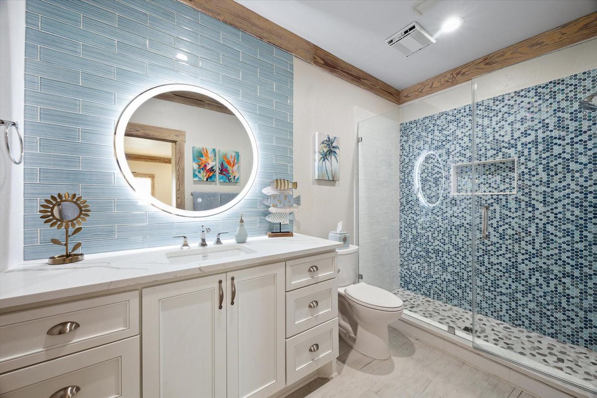 Bathroom, Glass Shower, Interior, Recessed Lighting