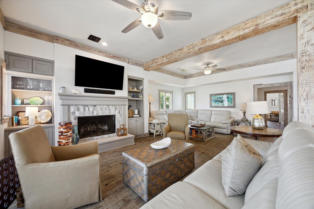 Fireplace, Interior, Living room, Recessed Lighting, Wooden Beams, Wood Texture Flooring