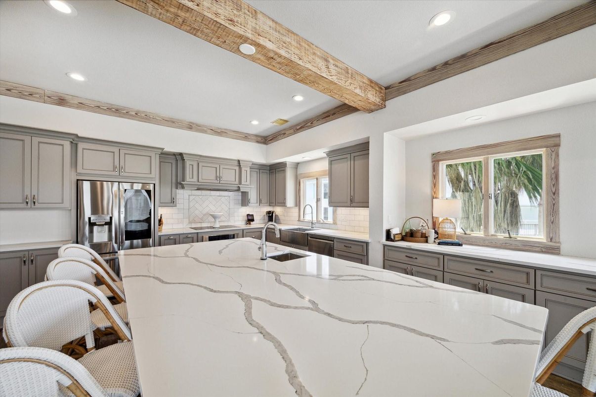 Interior, Kitchen, Recessed Lighting, Stainless Steel Appliances, Wooden Beams