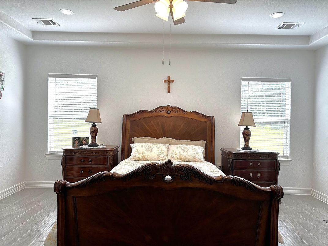 Bedroom, Interior, Recessed Lighting, Wood Texture Flooring