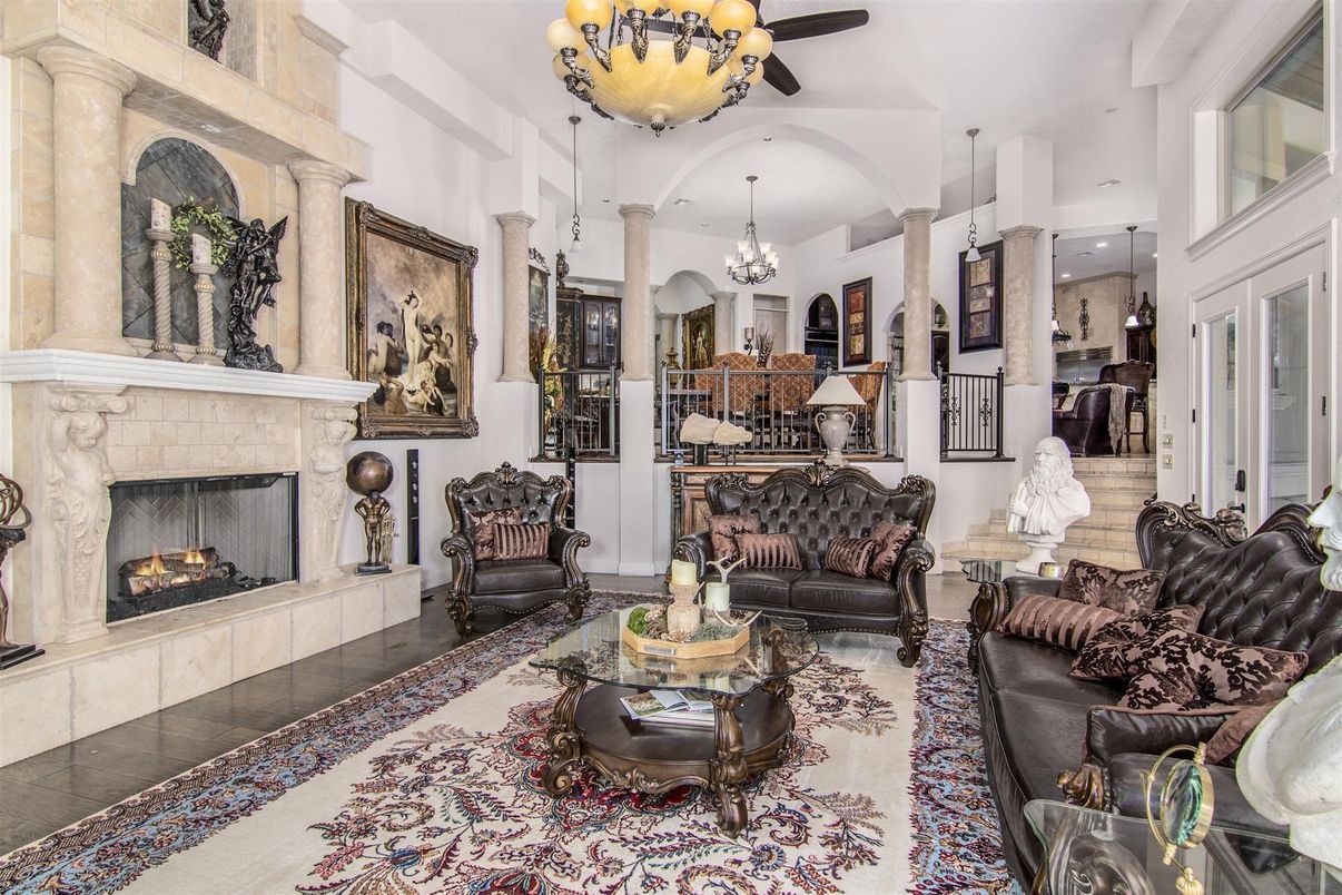Chandelier, Fireplace, Interior, Living room