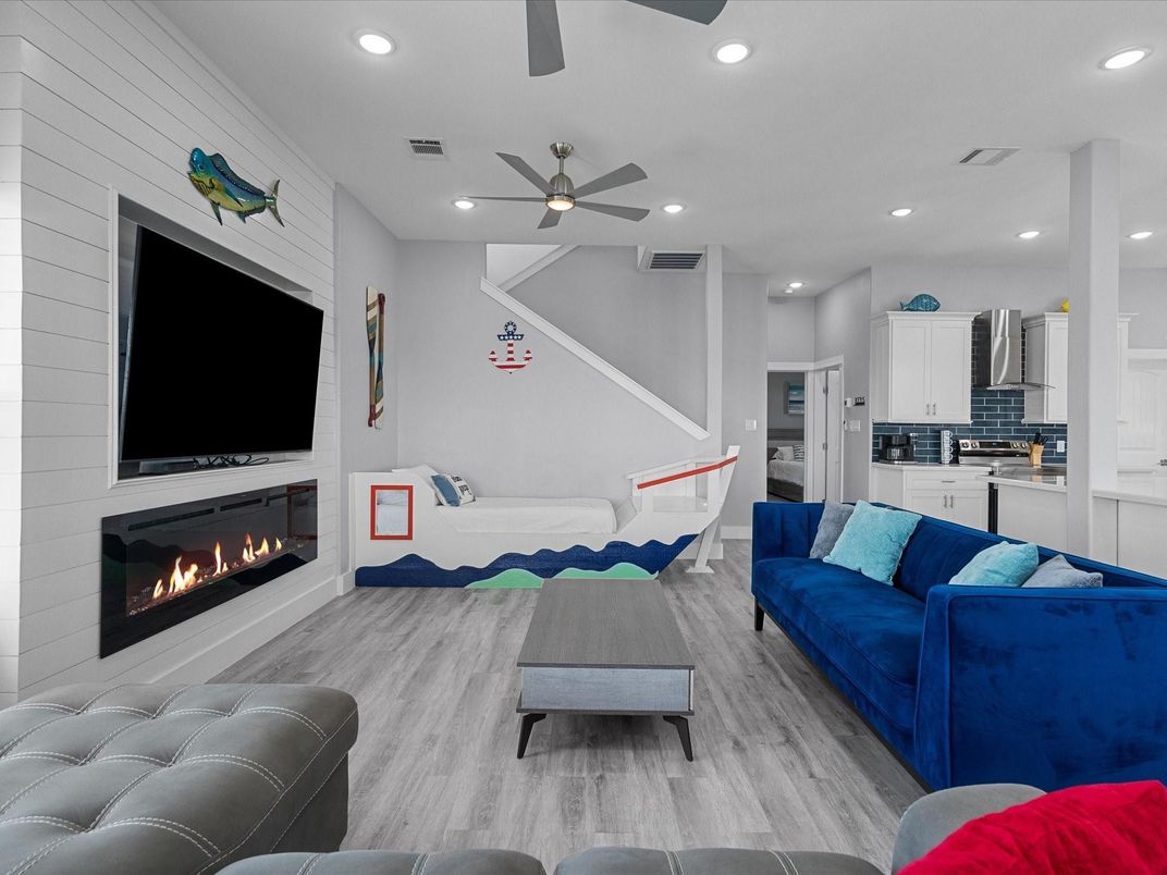 Fireplace, Interior, Kitchen, Living room, Recessed Lighting, Wood Texture Flooring