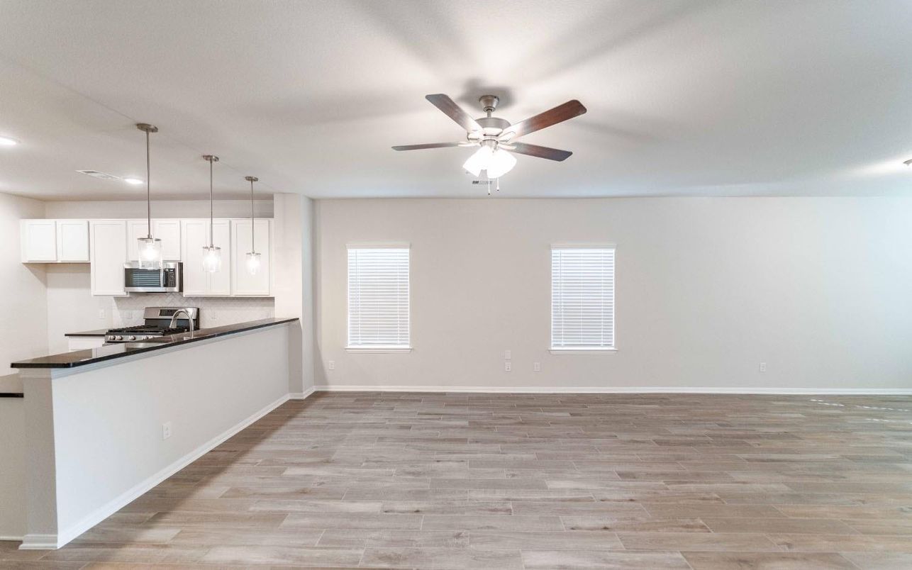 Empty room, Interior, Kitchen, Pendant Lights, Recessed Lighting, Wood Texture Flooring