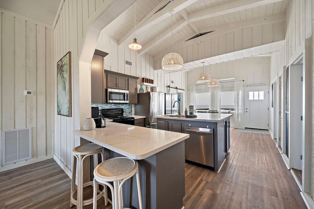 Interior, Kitchen, Pendant Lights, Stainless Steel Appliances, Wood Texture Flooring