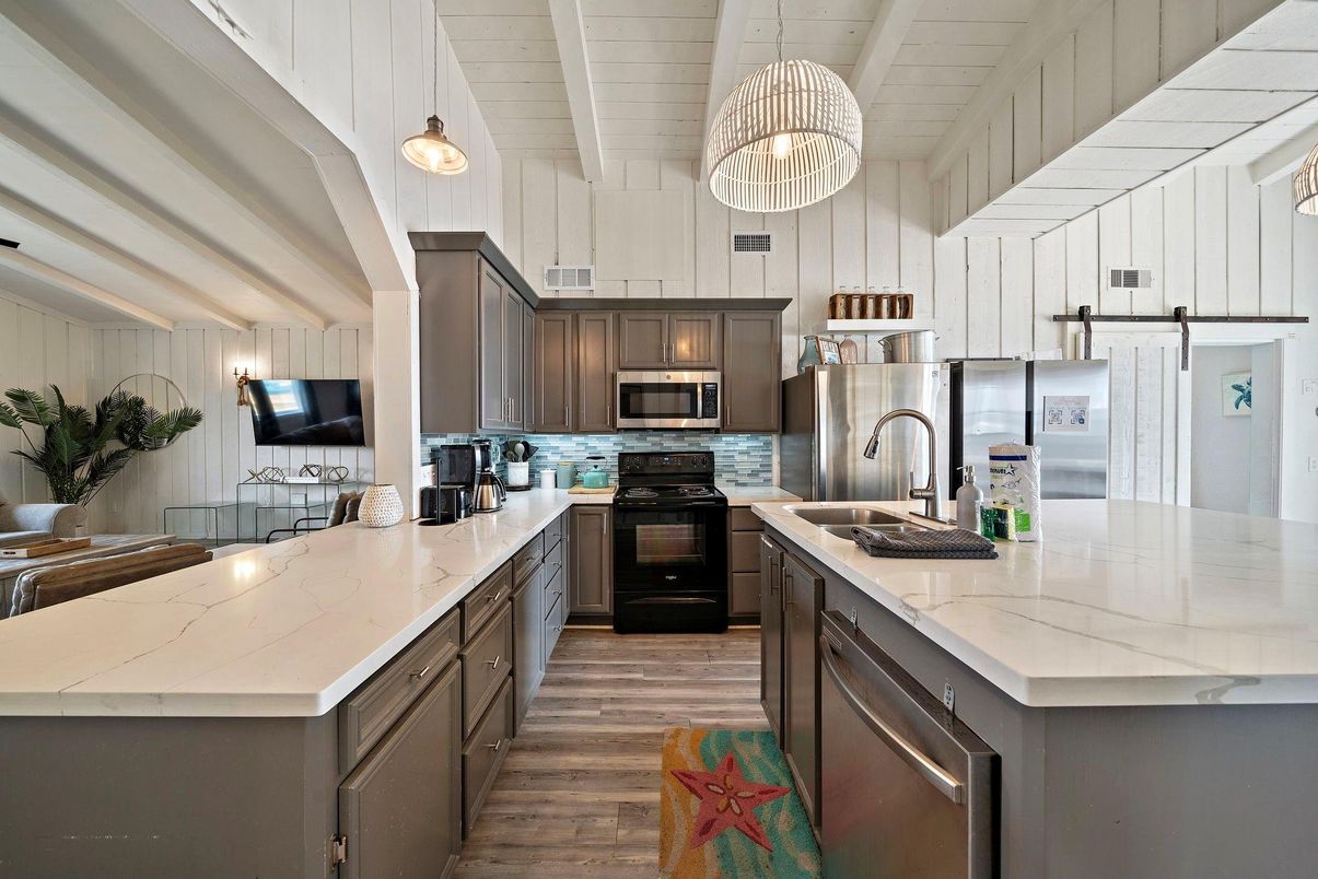 Interior, Kitchen, Pendant Lights, Stainless Steel Appliances, Wood Texture Flooring