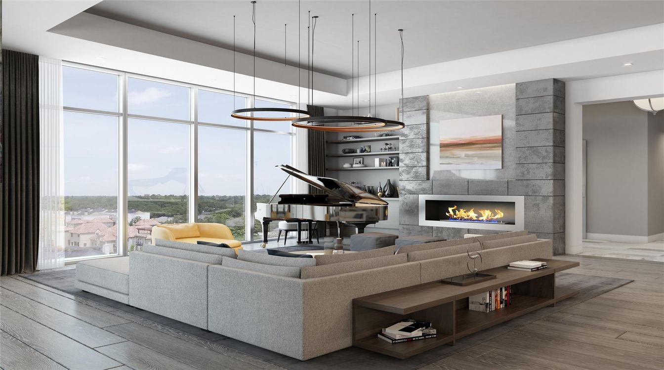 Fireplace, Interior, Living room, Pendant Lights, Piano, Recessed Lighting, Stone Walls, Wood Texture Flooring