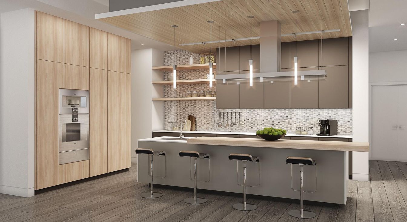 Interior, Kitchen, Pendant Lights, Recessed Lighting, Stainless Steel Appliances, Wooden Ceilings, Wood Texture Flooring