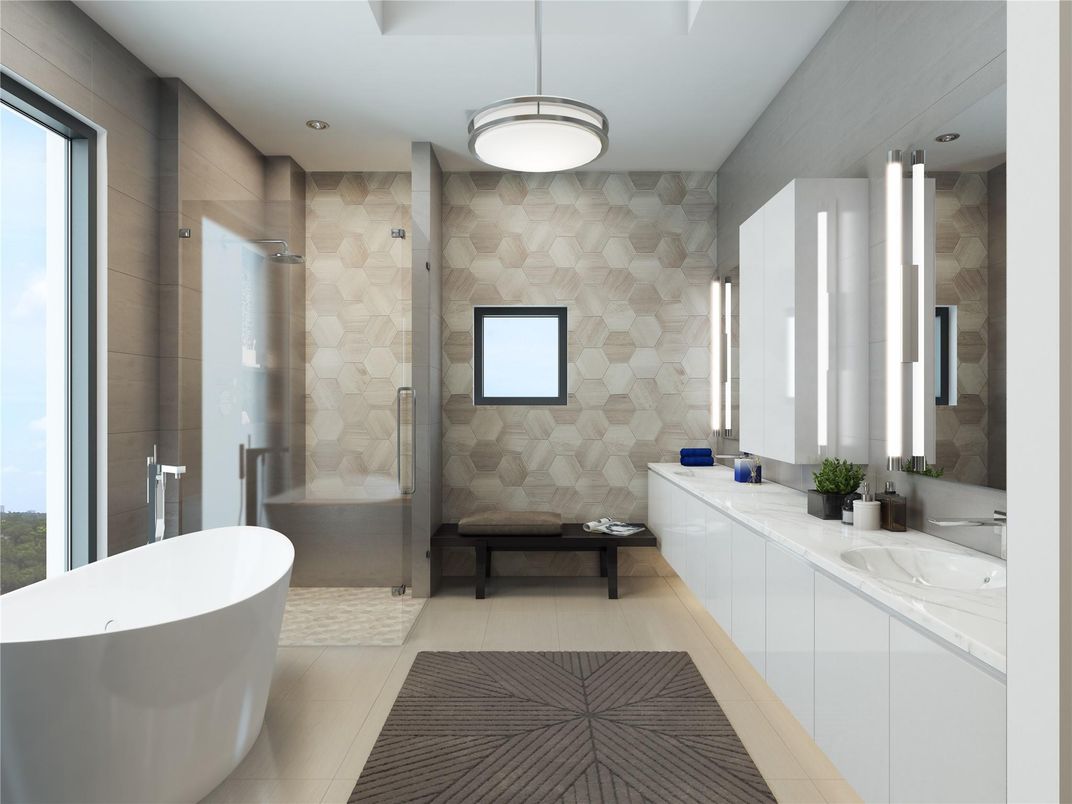 Bathroom, Dual Sink Vanities, Free Standing Baths, Glass Shower, Interior, Pendant Lights, Recessed Lighting