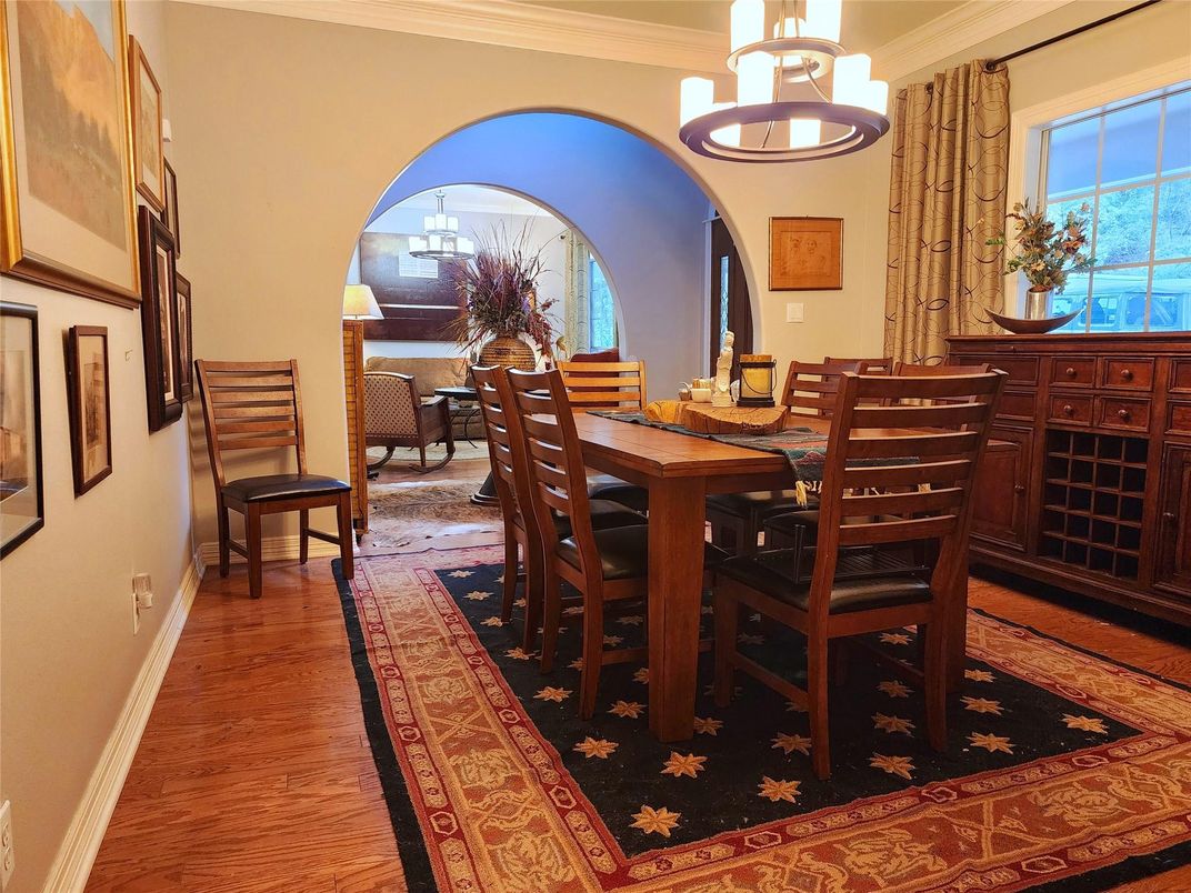 Chandelier, Dining room, Interior, Wood Texture Flooring