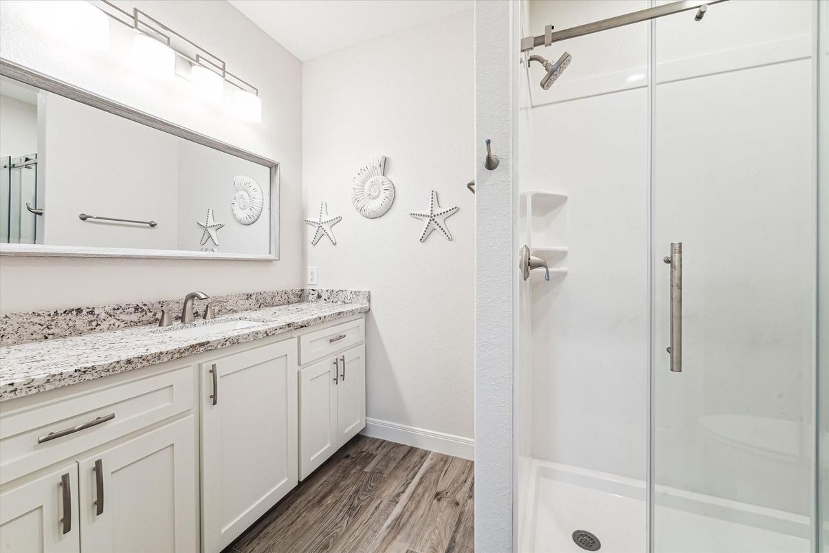 Bathroom, Glass Shower, Interior, Wood Texture Flooring