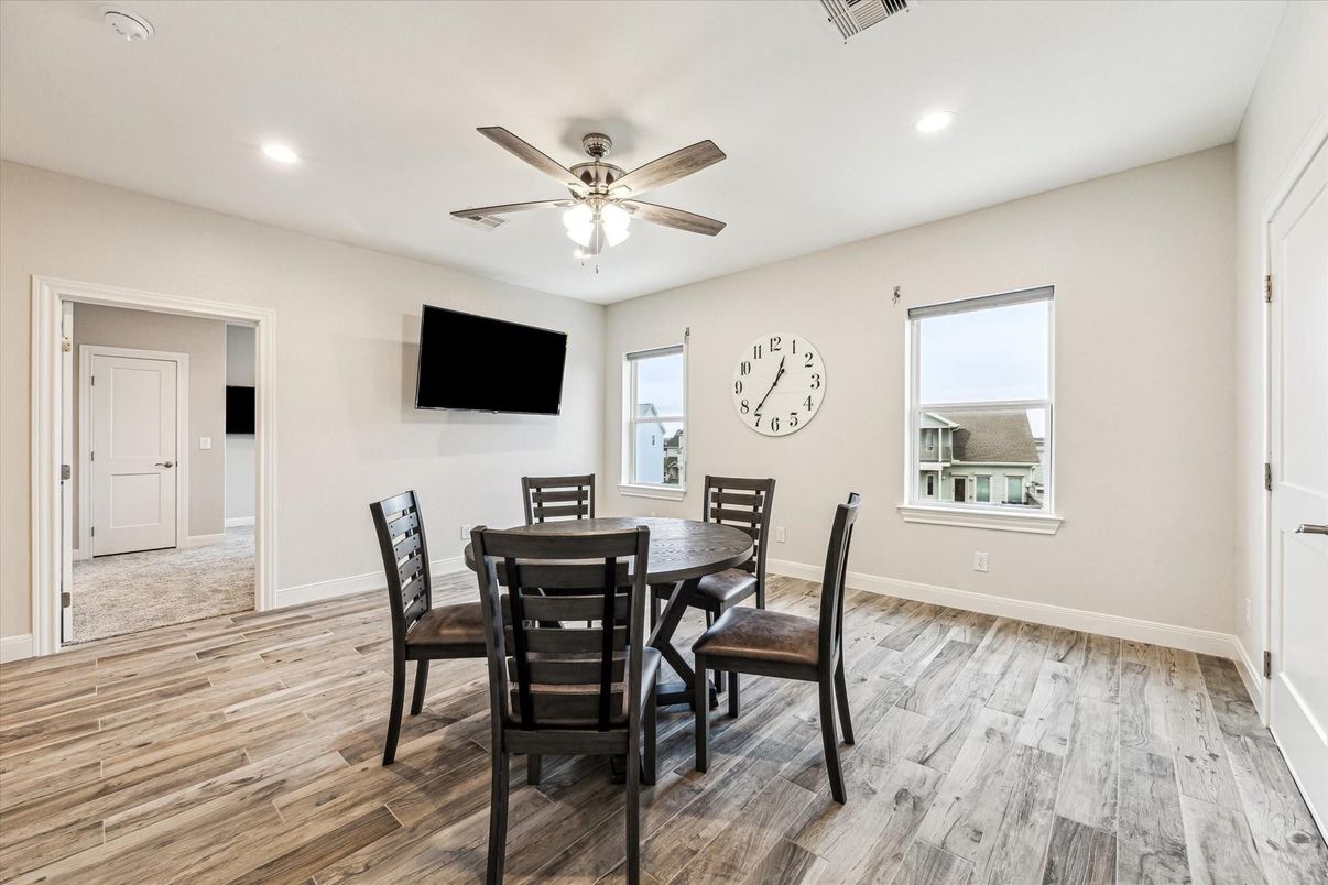 Dining room, Interior, Recessed Lighting, Wood Texture Flooring
