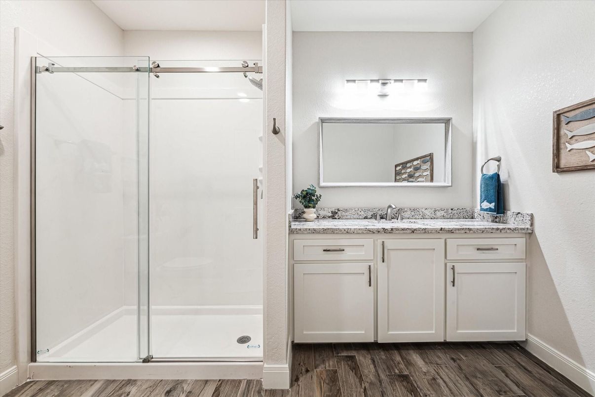 Bathroom, Glass Shower, Interior, Wood Texture Flooring