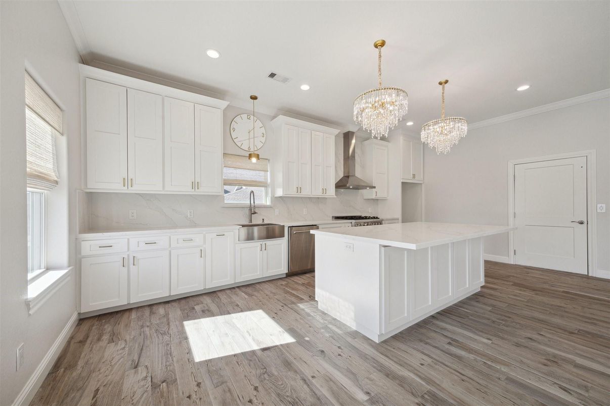 Chandelier, Interior, Kitchen, Recessed Lighting, Stainless Steel Appliances, Wood Texture Flooring