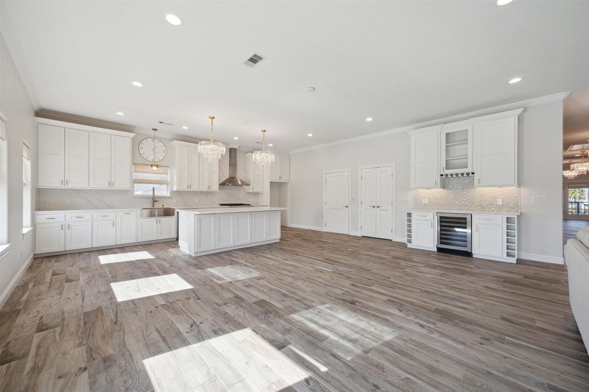 Chandelier, Interior, Kitchen, Pendant Lights, Recessed Lighting, Stainless Steel Appliances, Wood Texture Flooring