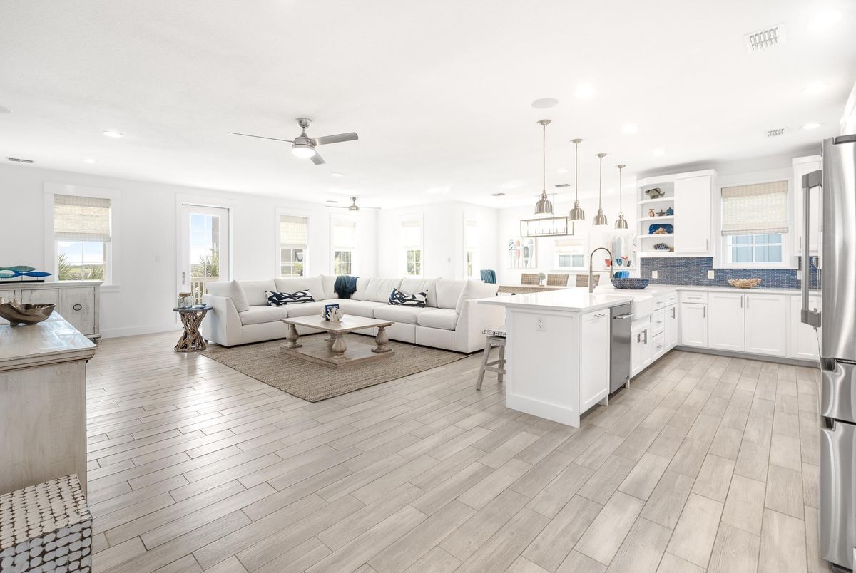 Interior, Kitchen, Living room, Pendant Lights, Recessed Lighting, Stainless Steel Appliances, Wood Texture Flooring
