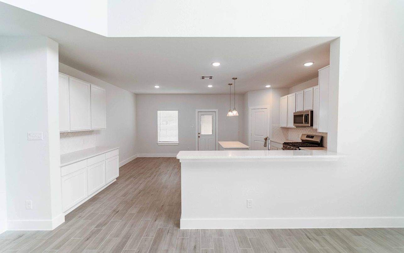 Interior, Kitchen, Pendant Lights, Recessed Lighting, Wood Texture Flooring