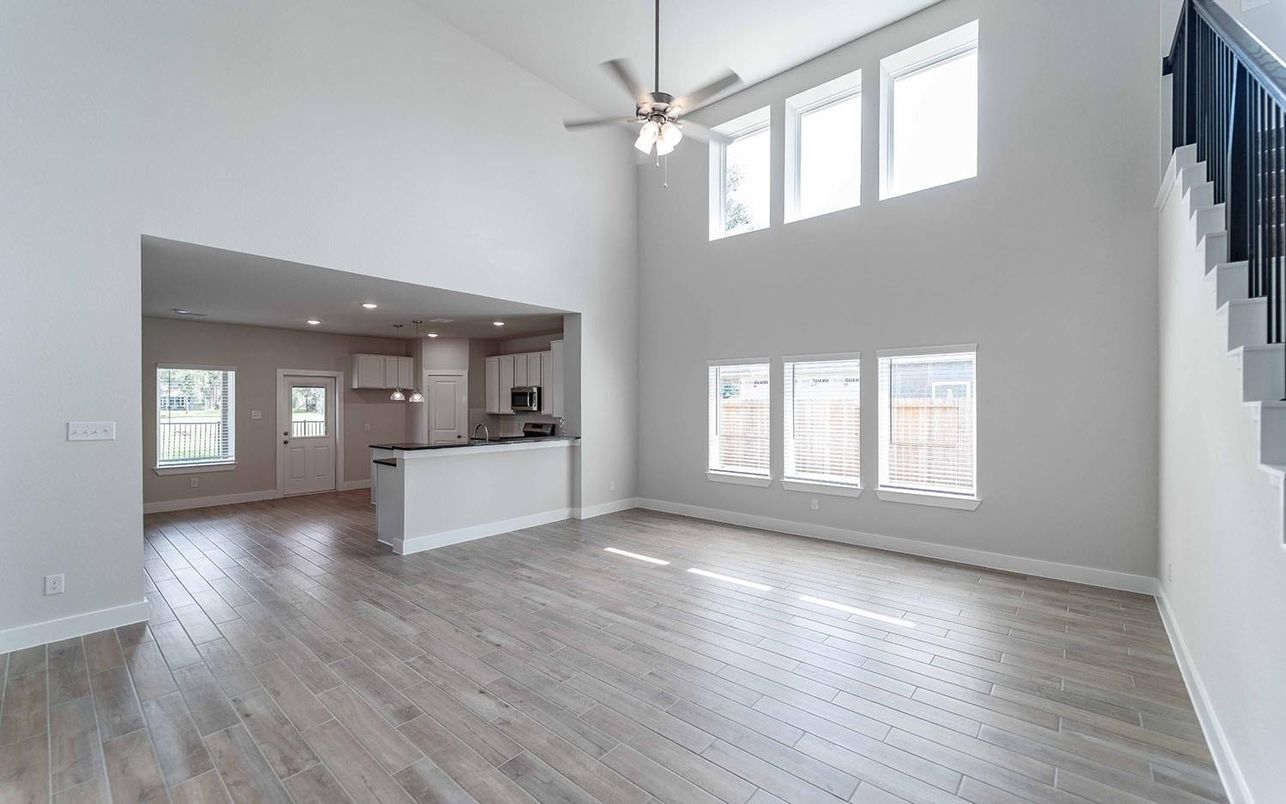 Empty room, Interior, Kitchen, Pendant Lights, Recessed Lighting, Wood Texture Flooring