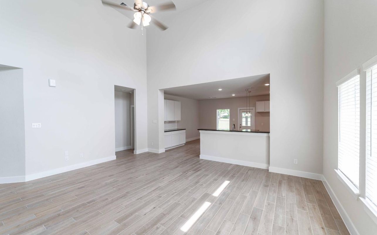 Empty room, Interior, Kitchen, Recessed Lighting, Wood Texture Flooring