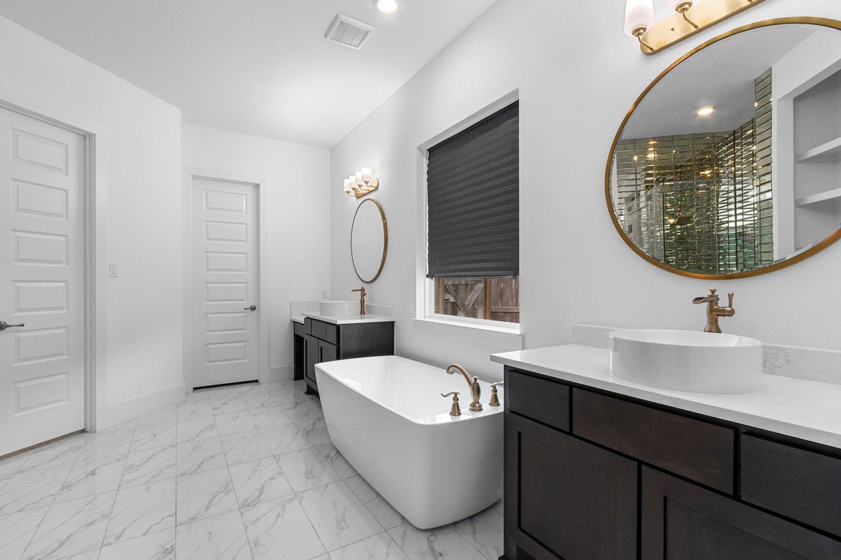 Bathroom, Dual Sink Vanities, Free Standing Baths, Interior, Marble, Recessed Lighting
