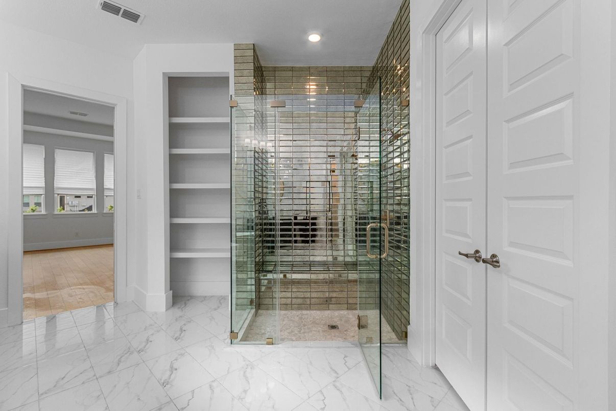 Bathroom, Glass Shower, Interior, Marble, Recessed Lighting, Wine Storage