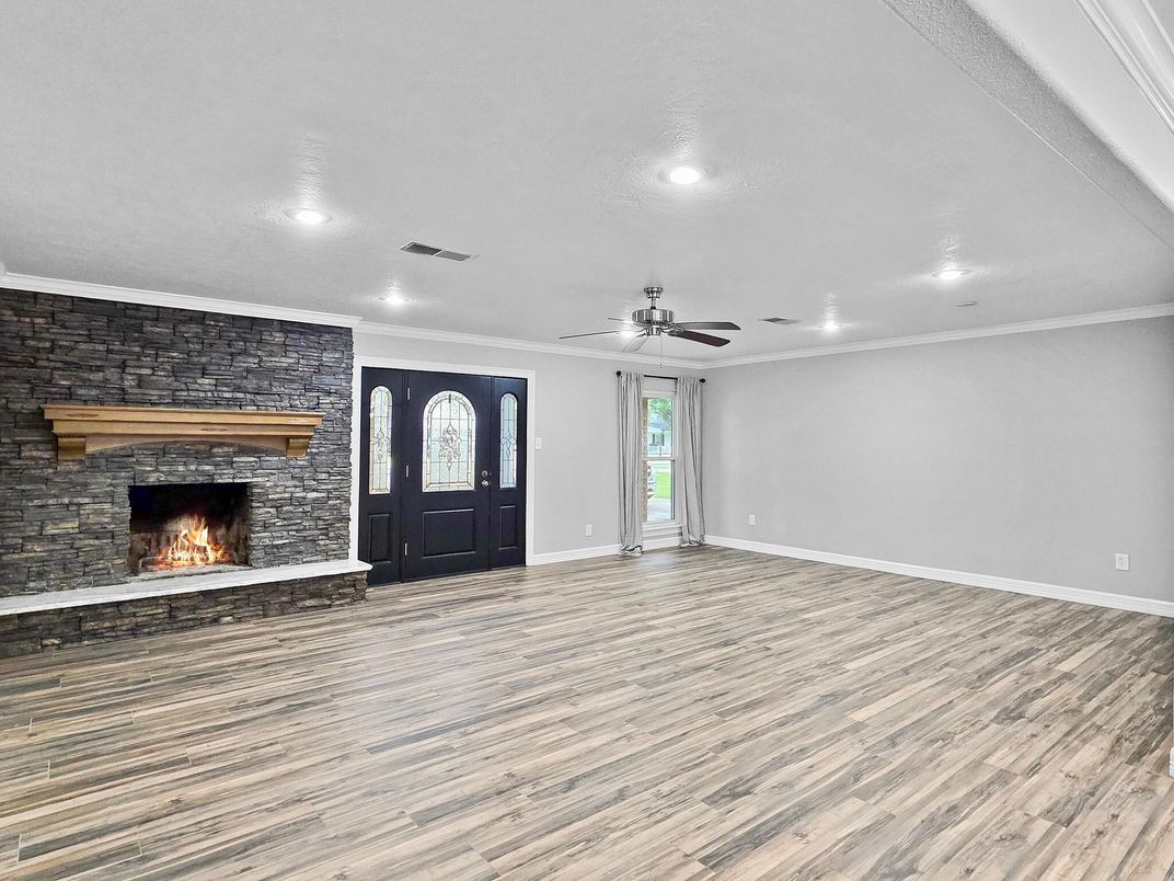 Empty room, Fireplace, Interior, Recessed Lighting, Wood Texture Flooring