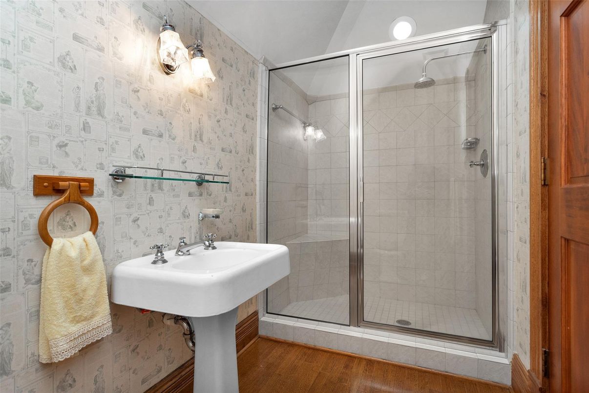 Bathroom, Glass Shower, Interior, Wood Texture Flooring