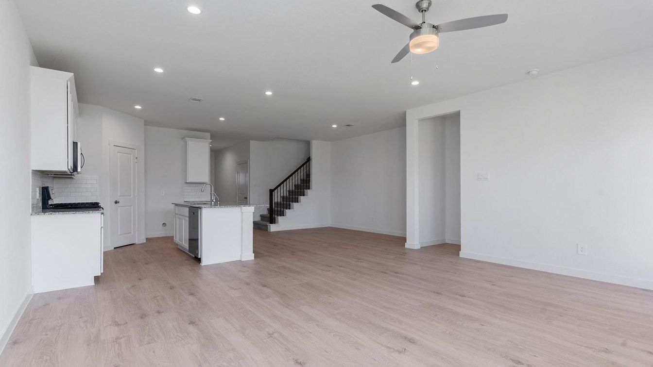 Empty room, Interior, Kitchen, Recessed Lighting, Wood Texture Flooring
