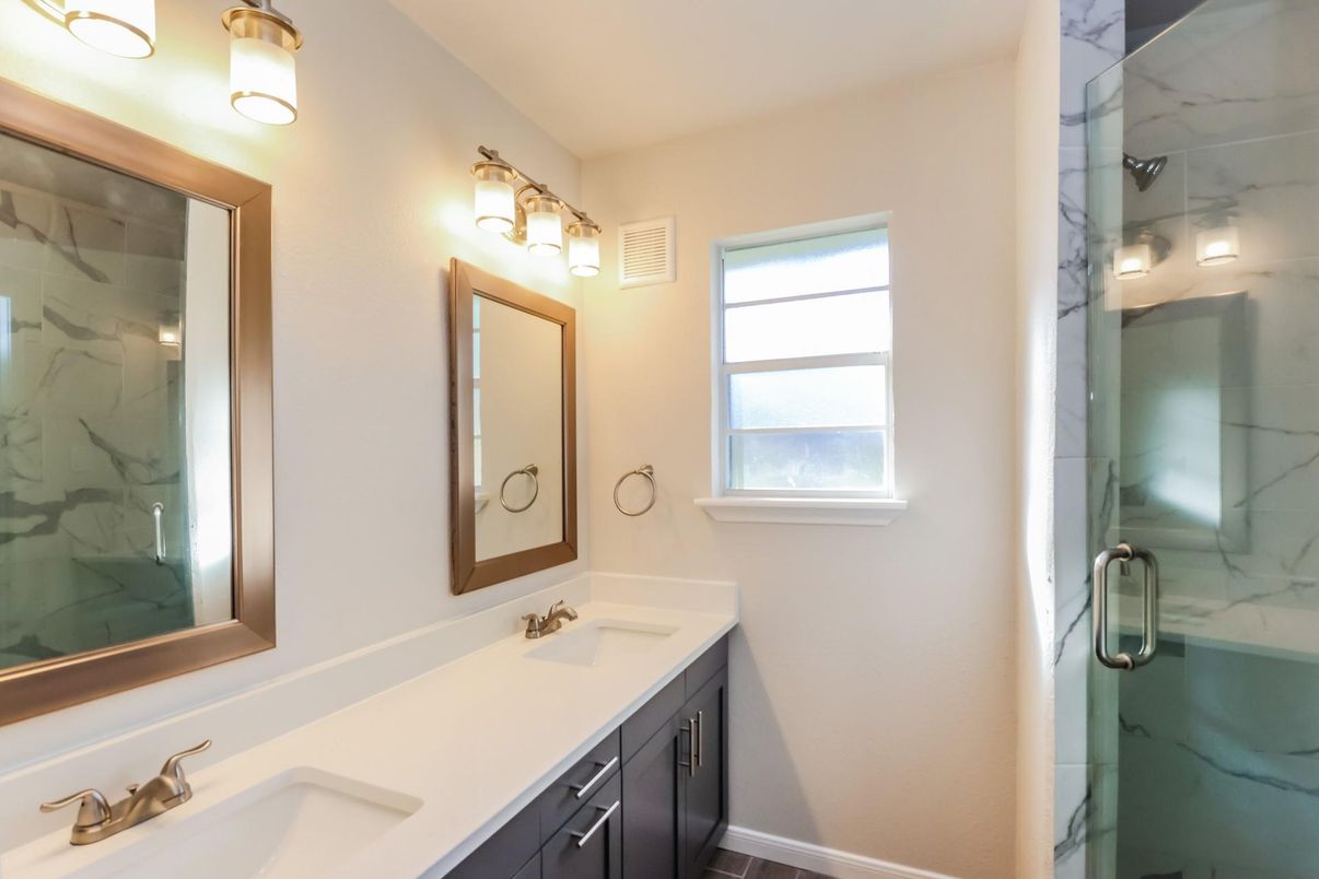 Bathroom, Dual Sink Vanities, Glass Shower, Interior, Marble Walls