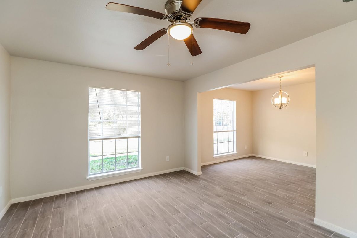 Empty room, Interior, Pendant Lights, Wood Texture Flooring