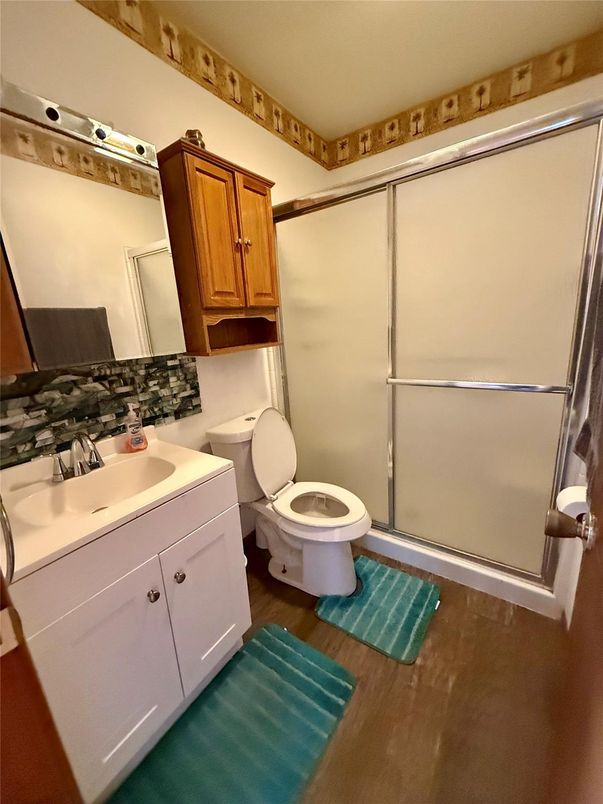 Bathroom, Glass Shower, Interior, Wood Texture Flooring