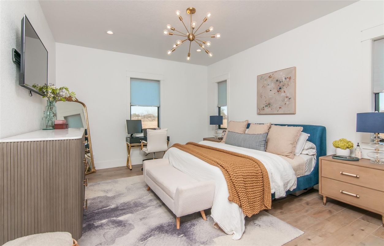 Bedroom, Interior, Pendant Lights, Recessed Lighting, Wood Texture Flooring