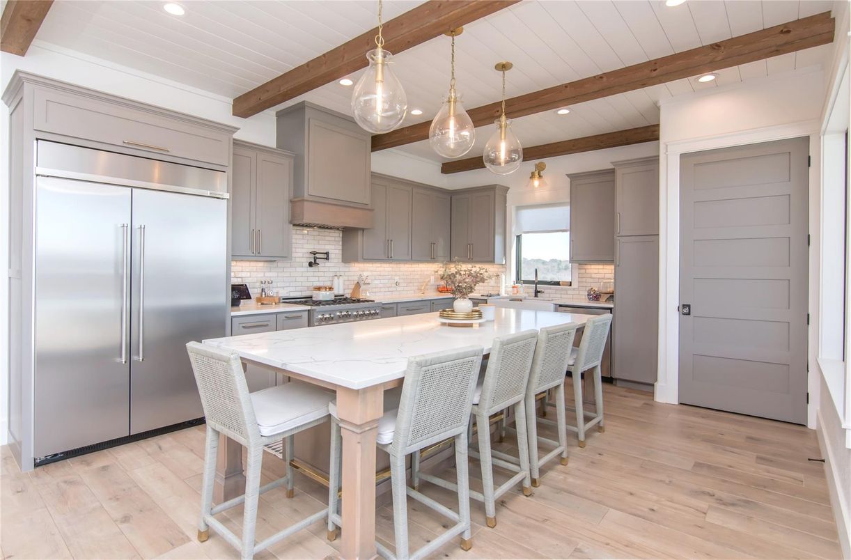 Interior, Kitchen, Pendant Lights, Recessed Lighting, Stainless Steel Appliances, Wooden Beams, Wood Texture Flooring