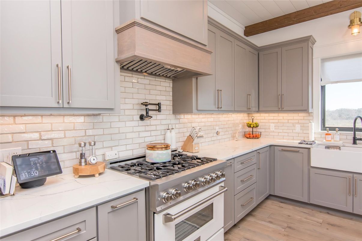 Interior, Kitchen, Stainless Steel Appliances, Wooden Beams, Wood Texture Flooring