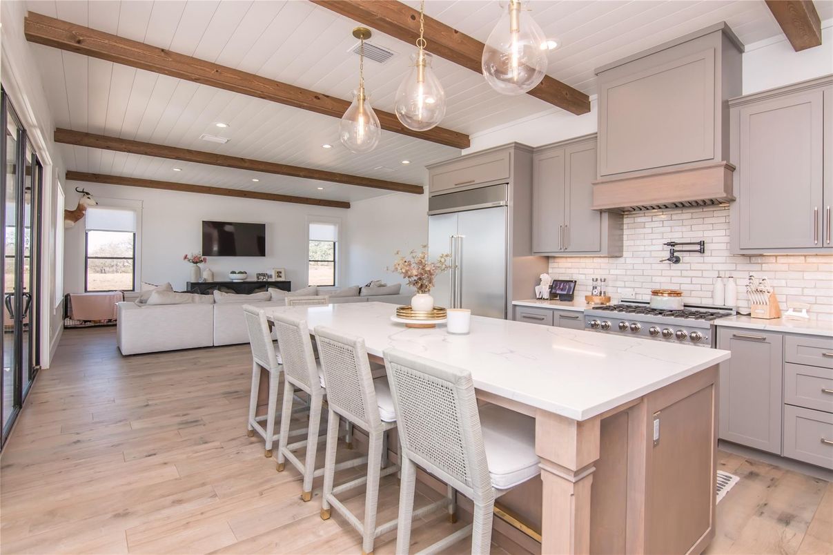 Interior, Kitchen, Living room, Pendant Lights, Recessed Lighting, Stainless Steel Appliances, Wooden Beams, Wood Texture Flooring