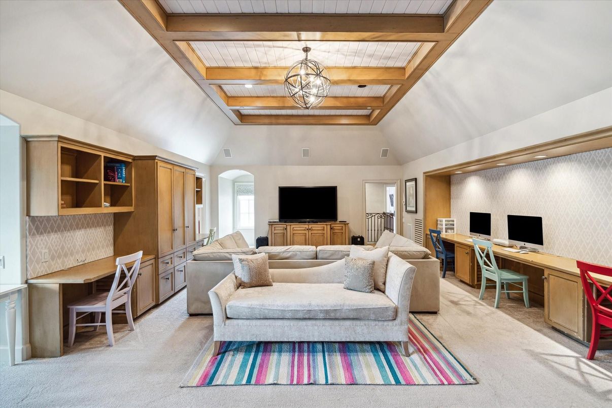 Chandelier, Home Office, Interior, Wooden Beams