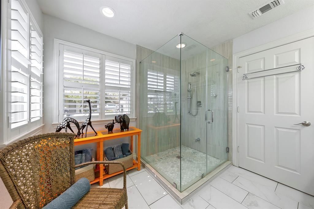 Bathroom, Glass Shower, Interior, Marble, Recessed Lighting